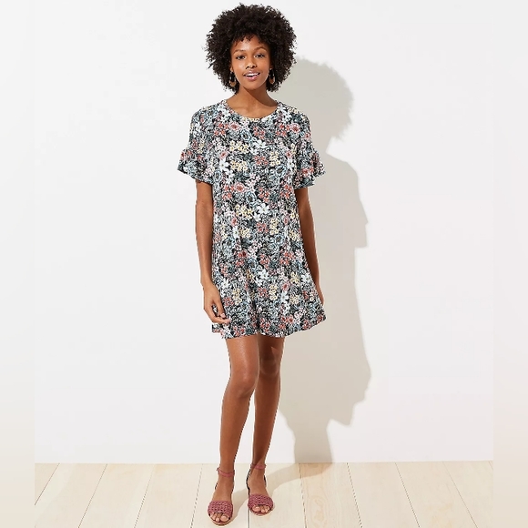 LOFT Dresses & Skirts - Loft swing dress with short sleeves, black and colorful floral print